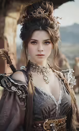 a woman in costume standing outside in the sunshine