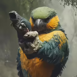 a very cute looking colorful bird with claws in its mouth
