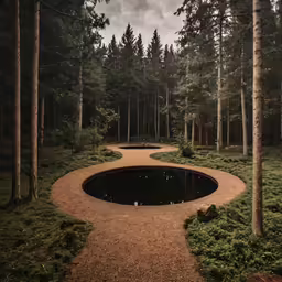a pathway with a pond leading to some trees