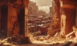an old city with buildings and rubble