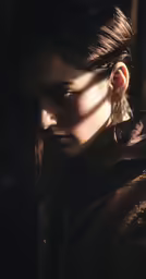 a young woman wearing ear buds and a jacket