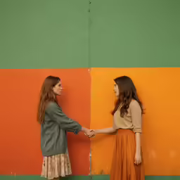 two girls standing in front of an orange, green and yellow wall and facing each other holding hands