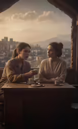 two people sitting at a table with a city in the background