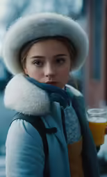 a woman with a hat and scarf drinking a beer