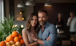 a man and woman posing together by some fruit