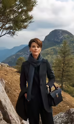 a lady in a black suit and scarf holding a suitcase