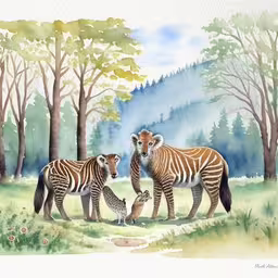 two zebras with small cubs are by a wooded area,two zebras and a giraffe in a wooded area