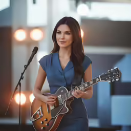 the singer, wearing blue, is holding a guitar