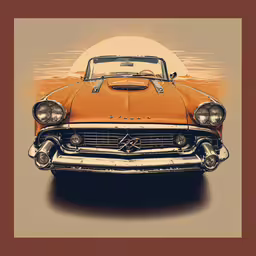 a brown and white photo of a car,a retro orange car with the hood down