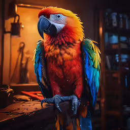 parrot perched on wooden stick in kitchen with dark background