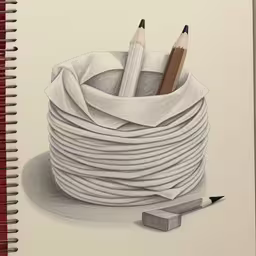 pencils sit atop a drawing on a notebook with erasers,a pencil drawing with a pair of pencils resting inside of it