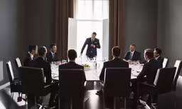 a man is standing at the top of a table in a room full of other men