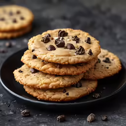 a plate of chocolate chip cookies with several scattered pieces