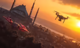 a couple of small airplanes flying through a sunset sky