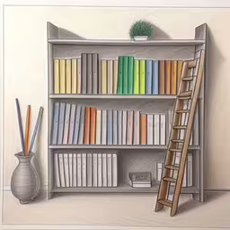 a bookcase with books, books, and a ladder