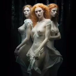 three naked women in dress standing next to each other