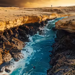 a large body of water sitting between two big rocks