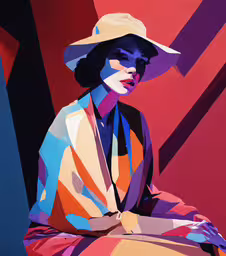 an image of a woman with a hat on,a painting of a woman sitting in the shade with a hat on