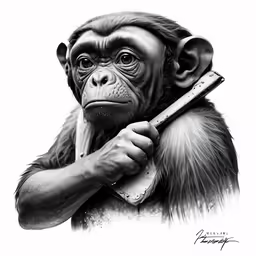 the monkey holds an object while standing