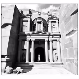 a black and white photo of a tall building with columns