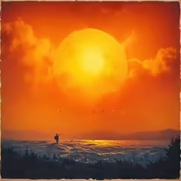 an artistic photograph of a man standing in the water with the sun in the background