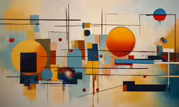 a painting with oranges and blue accents on it,an abstract painting with orange and blue elements