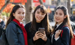two women with smart phones on the street