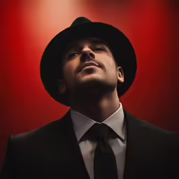 a man wearing a suit and hat looks up into the air
