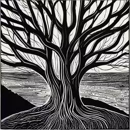a black and white drawing of a tree with its roots exposed,the drawing depicts a tree with its branches on its trunk