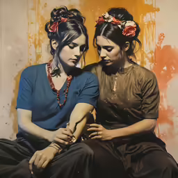 two women sitting together with their faces painted yellow