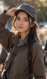 an asian female in a green top with a hat