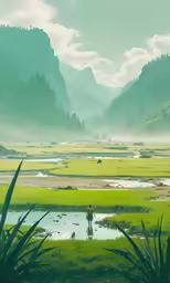 two horses are in the grass near water