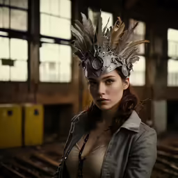 a woman in grey jacket and feathers on head