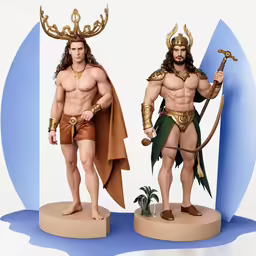 two statues of the same male and female, both wearing costumes with horns and tails and a sword