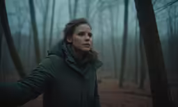 a woman in a forest is holding her hands out
