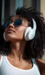 a woman wearing headphones looking up to the side