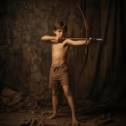 a young boy poses as he prepares to fire the bow