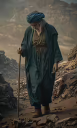 a person with a green hat is standing in some rocks