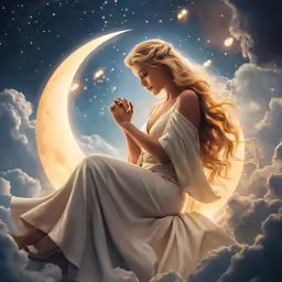 the blonde haired girl is sitting on a crescent moon