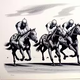 a drawing of three horses with jockeys riding them,a group of jockeys on horses racing across a track