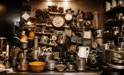 many cups and pots all lined up on the shelf