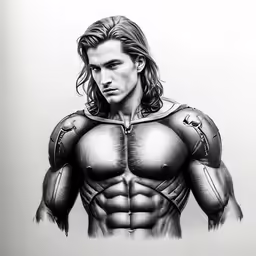 a pencil drawing of a muscular man in a suit