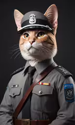 a very pretty cat wearing a dress uniform,a cat dressed up in a police uniform with the hat off