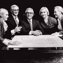 a group of people sitting around a table holding paperwork