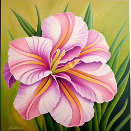 the painting has been painted and it is very colorful,an acrylic painting of a pink flower on green grass,a pink flower is painted in a green background,a flower painting with a green background,an oil painting of pink and yellow flower on green background
