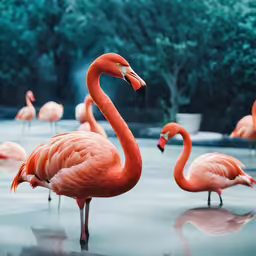 many flamingos stand near water and are in the water