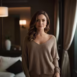 a woman standing in front of a window wearing a tan sweater
