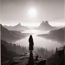 a woman standing on a cliff in the wilderness