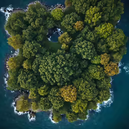 an aerial shot shows a small island surrounded by trees