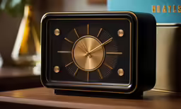 a black and gold clock is on a table